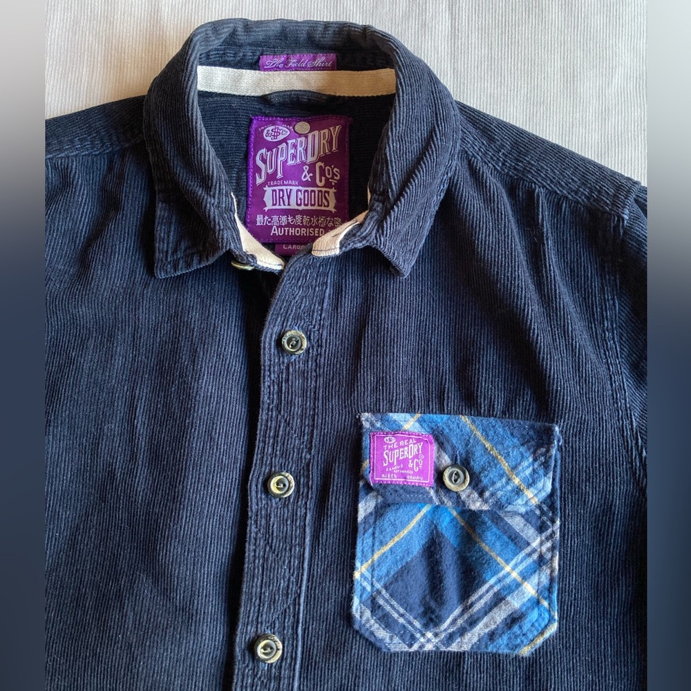 Superdry Corduroy Dark Blue Field Shirt Button Down Shirt 100% Cotton Size Large